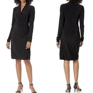 Normakamali Black Faux Wrap Ruched Midi Dress Sz Large Stretch Classic Timeless